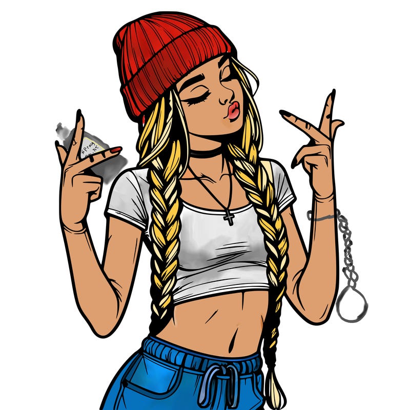 realistic teenage girl with braids and a beanie and crop top doing 🫶🏼