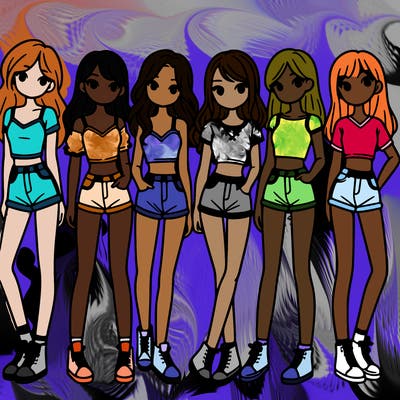 a group of girls wearing crop tops and shorts