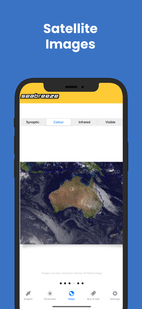 Seabreeze mobile app screen showing a color satellite map of Australia with weather data tabs