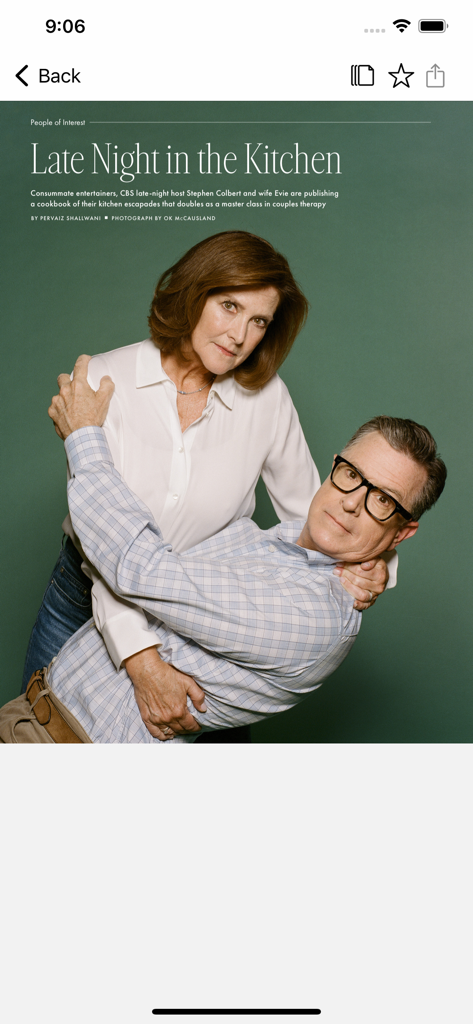 Bon Appetit - Un articolo digitale nell'app Bon Appetit intitolato "Late Night in the Kitchen" con Stephen Colbert e sua moglie
