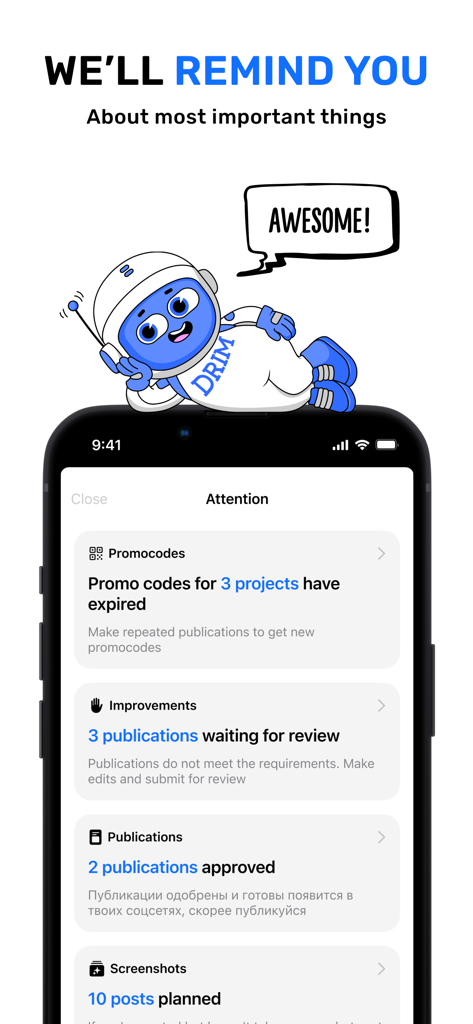 The DRIM for Influencers app showing the Attention screen with notifications for project status, promo codes, and approved publications.