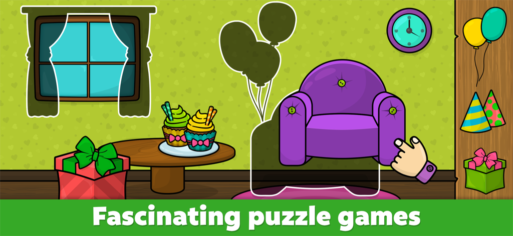 Puzzle educativo per bambini che abbina una poltrona alla sua silhouette in una scena di decorazione di una stanza