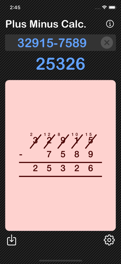 Plus Minus Calculator - Calculadora Mais Menos exibindo um problema de subtração com etapas detalhadas de reagrupamento para uso educacional