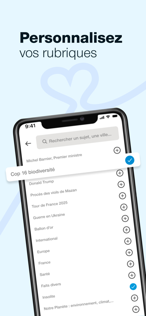 Presse Océan - Le Journal - A mobile screen from the Presse Ocean app allowing users to customize their news feed by selecting favorite topics from a list.