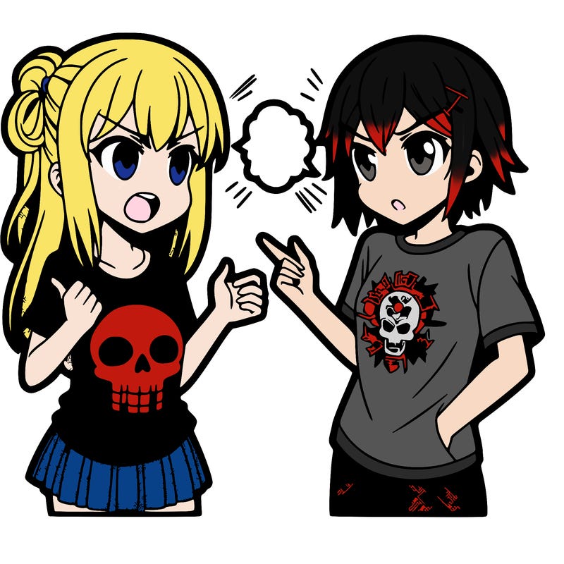 anime girl wearing a tee shirt with a skull on it arguing with an anime guy wearing a suit