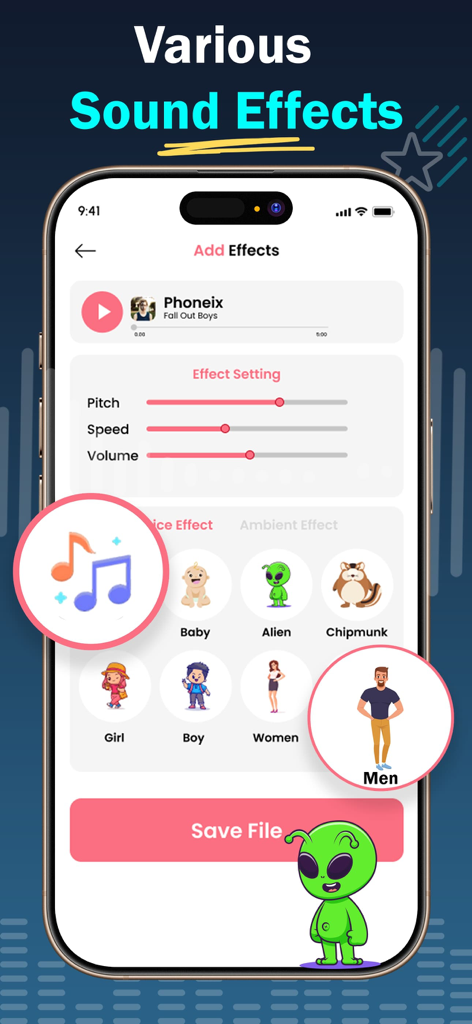 Pantalla de iPhone mostrando una aplicación de cambiador de voz con varios efectos de voz y configuraciones de ajuste de audio