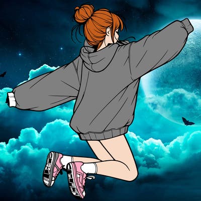 realistic girl jumping with a bun and oversized sweatshirt