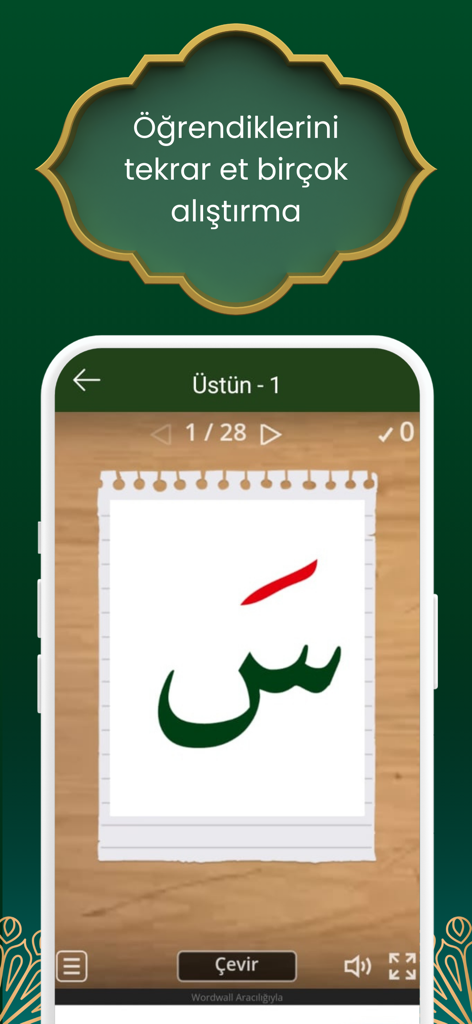 Elif ba - Kur'an Öğreniyorum - A mobile app screen for Elif Ba showing an Arabic letter exercise to help learn Quran reading.