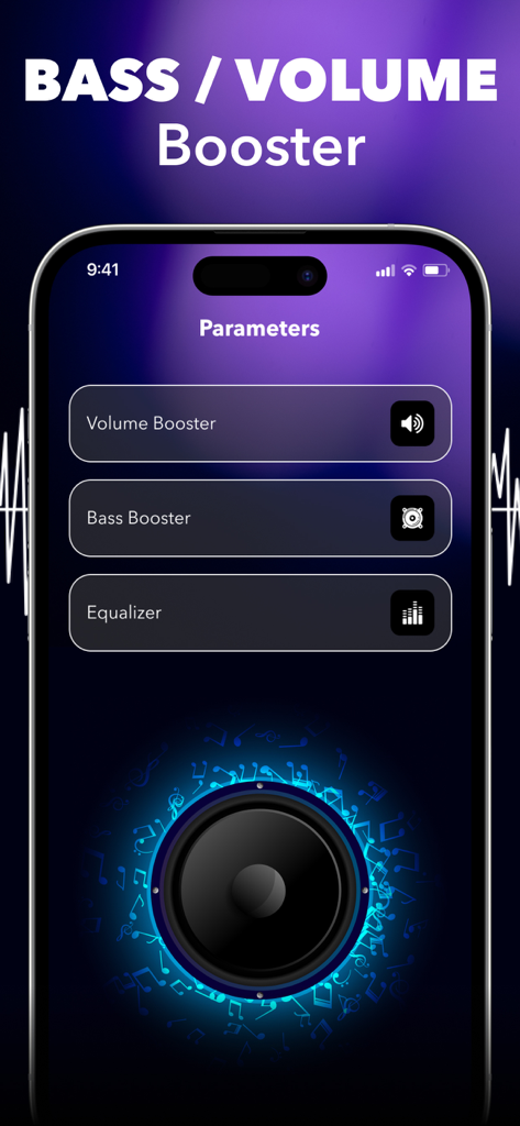 Bass Booster: Sound & Music EQ - Bass Booster app interface showing volume and equalizer settings with a glowing speaker graphic