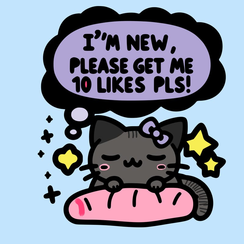 kitty taking a nap dream talking and saying "i'm new, please get me at least 10 likes pls!!"