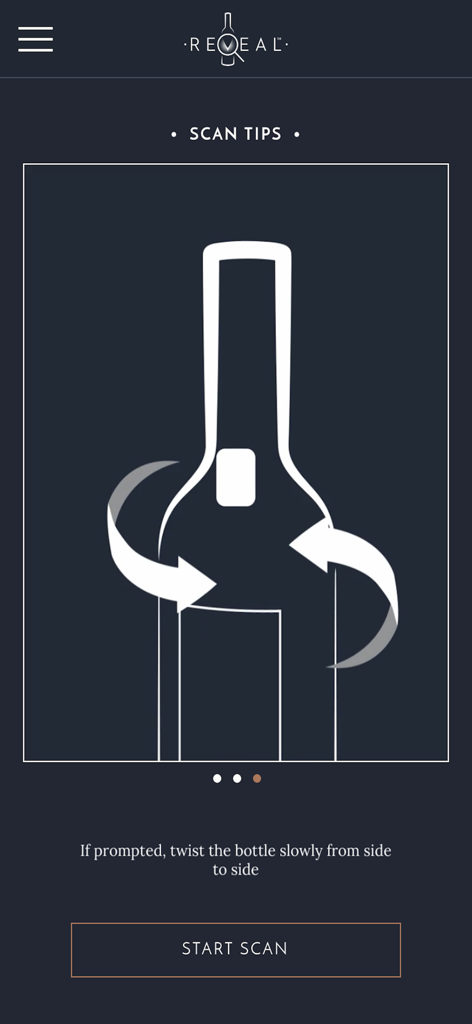 Hennessy Reveal App - A mobile app screen showing scan tips with a bottle illustration and instructions to twist the bottle slowly for authenticity verification.