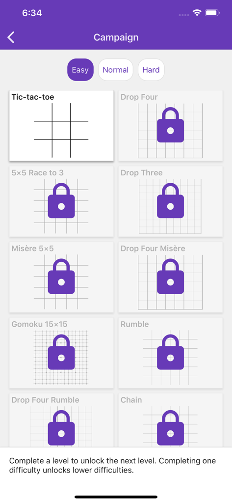 Tic Tac Toe Collection - Campaign mode level selection screen in the Tic Tac Toe Collection app showing various game types and difficulty settings.