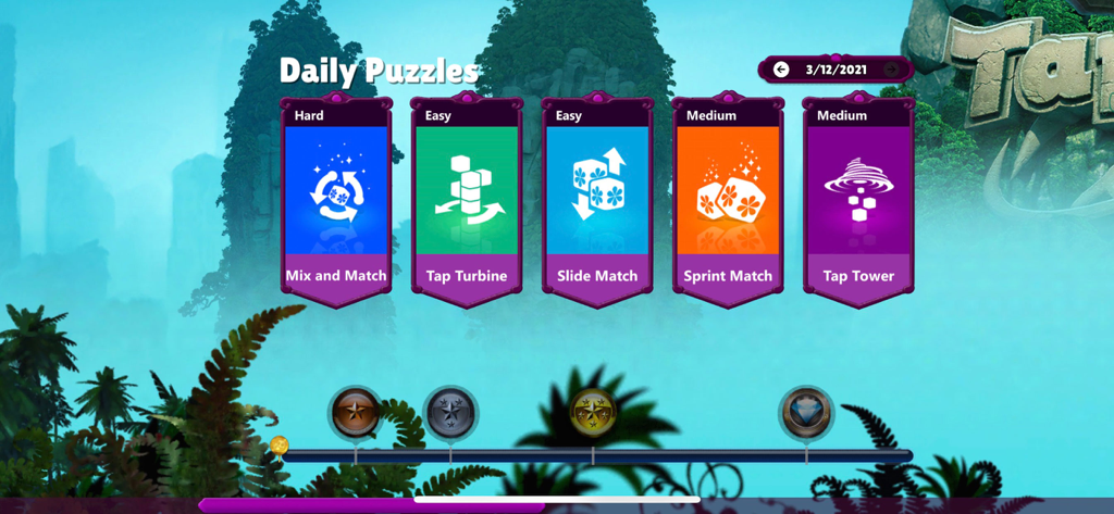 Tap Tiles - 3D Mah-jong Games - Daily puzzles menu in the Tap Tiles 3D Mahjong game showing hard easy and medium challenge cards