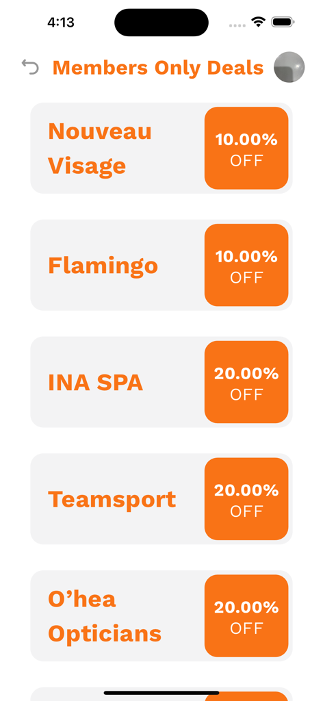 Pantalla de ofertas solo para miembros y descuentos exclusivos de la aplicación Fort Fitness Gym