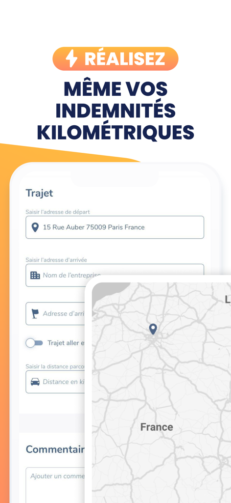 Tiime App-Benutzeroberfläche zur Verfolgung von Geschäftsreisekosten mit Eingabefeldern für Fahrten und Karte