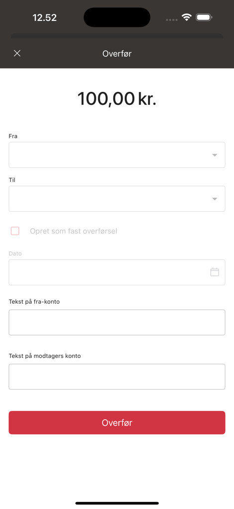 Interface of the Spar Nord mobile banking app showing the transfer money screen with fields for accounts and transaction details.