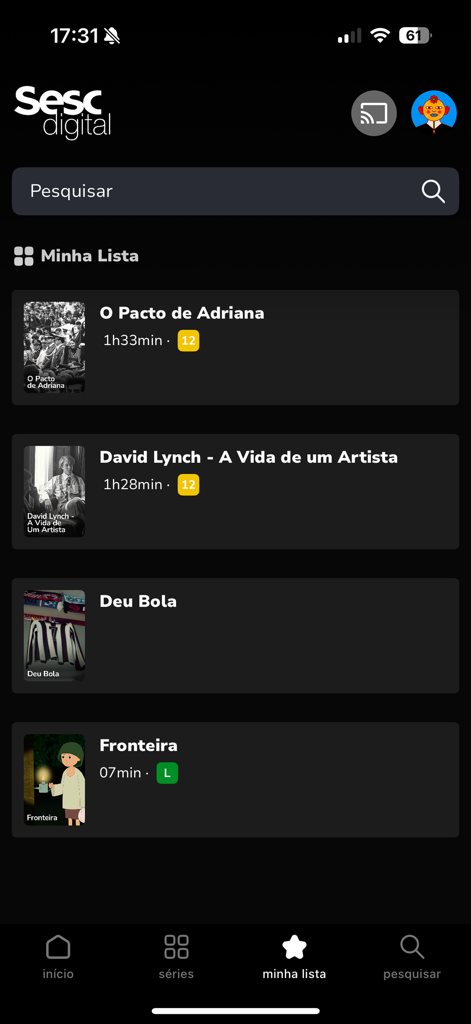 Sesc Digital - Interface of the Sesc Digital app showing the My List section with various documentary and film titles