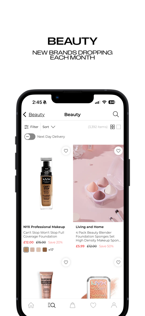 Boohoo app beauty page showing makeup and beauty blenders with discounted prices