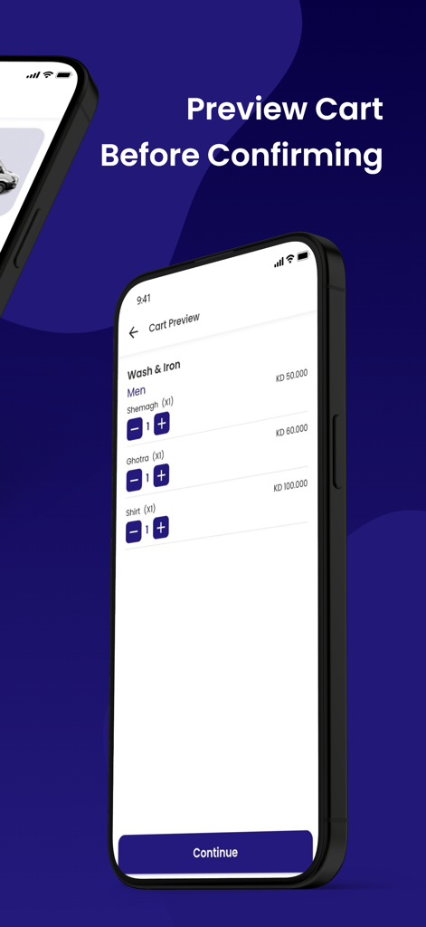Otti App - Una pantalla de smartphone que muestra la vista previa del carrito de la App Otti con una lista de artículos de lavandería y precios antes de confirmar el servicio