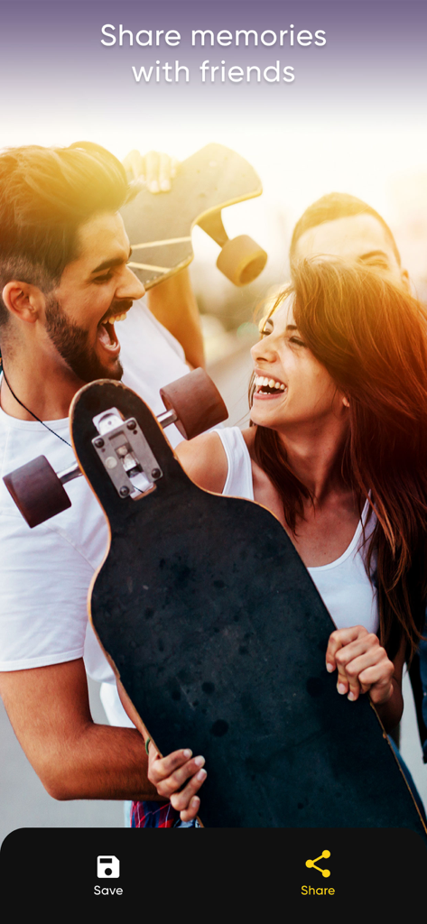 Add Audio to Video Mix - Mobile app interface showing friends laughing with skateboards and buttons to save or share videos