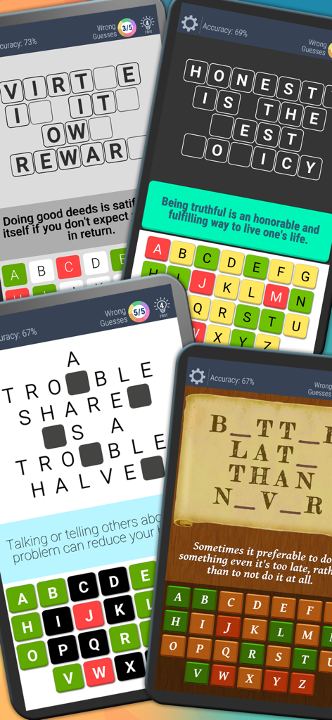 Four mobile phone screens displaying different visual themes and gameplay of the Guess the Phrase and Proverbs word puzzle game.