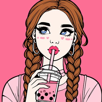 realistic girl with braided hair drinking boba
