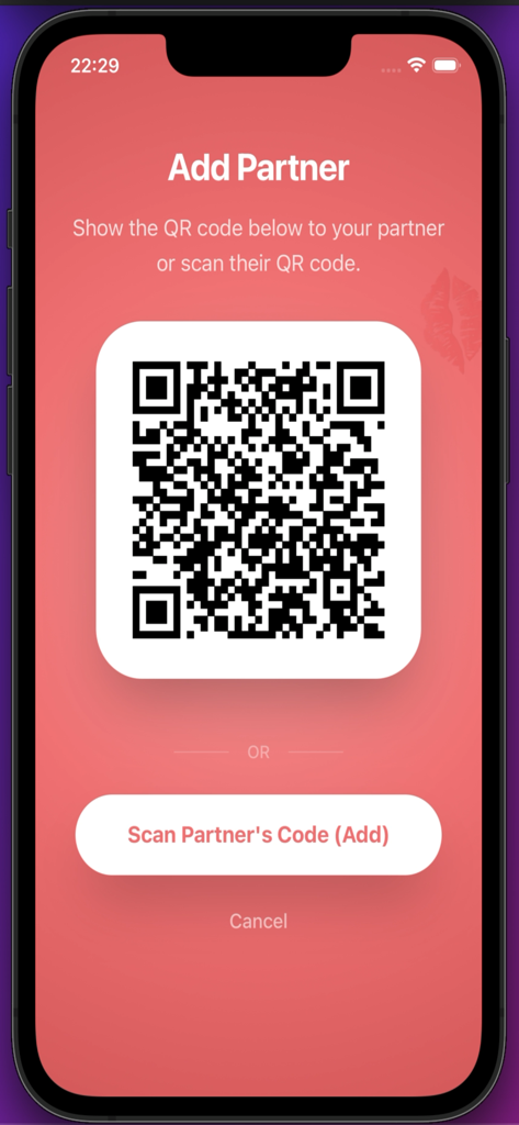 Ring For A Kiss - Add partner screen with a QR code for linking accounts in the Ring For A Kiss app.