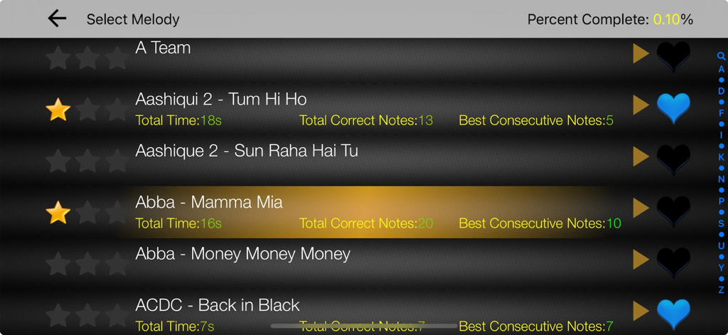 Menu de seleção de músicas do Piano Melody Pro mostrando uma lista de faixas de música e estatísticas de prática.