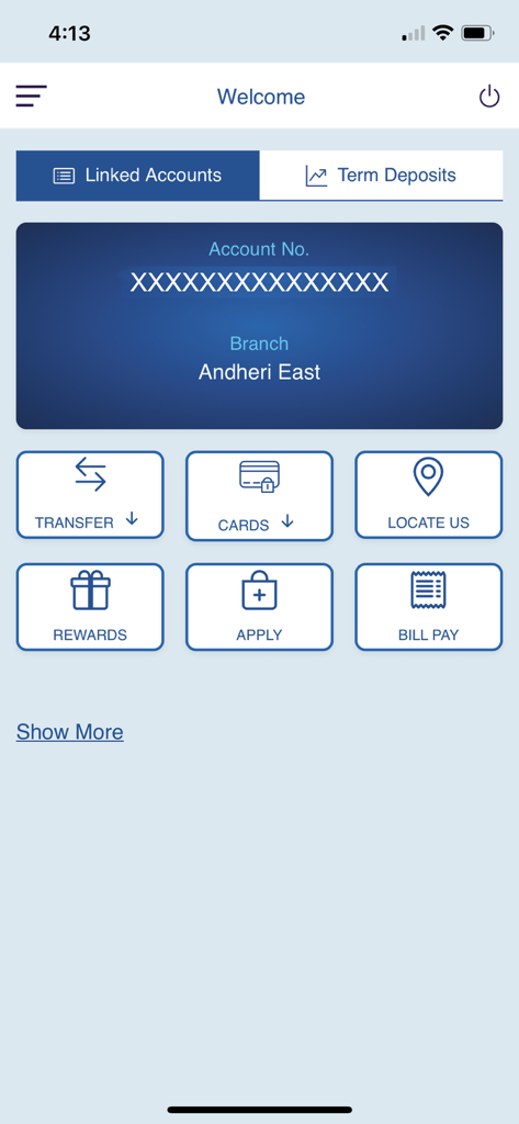 SVC Mobile - SVC Mobile banking app interface showing account overview and service icons