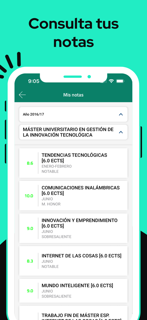 Screenshot of the UEx App showing a list of student grades and academic subjects for the University of Extremadura