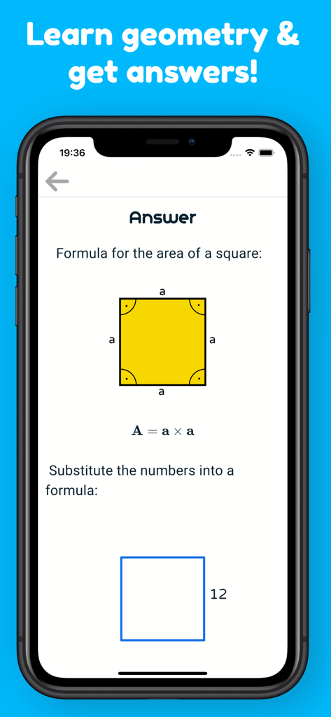 Educational math app interface explaining the formula for the area of a square with a diagram and a practice problem.