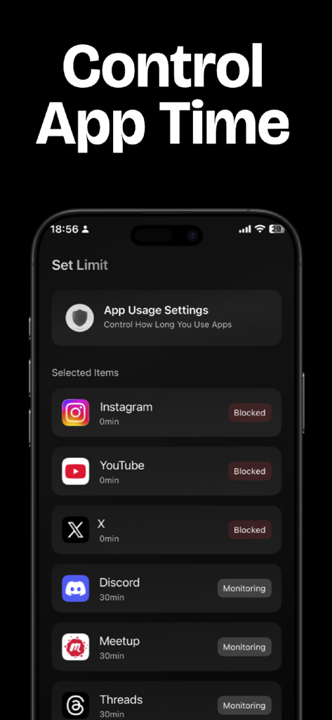Reptime:App Blocker & Exercise - Interface of the Reptime app showing usage limits and blocked status for social media apps like Instagram and YouTube.