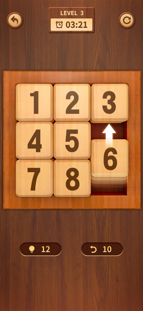 Numpuz: Number Puzzle Games - Numpuz sliding number puzzle game screen with a wooden retro style 3x3 grid
