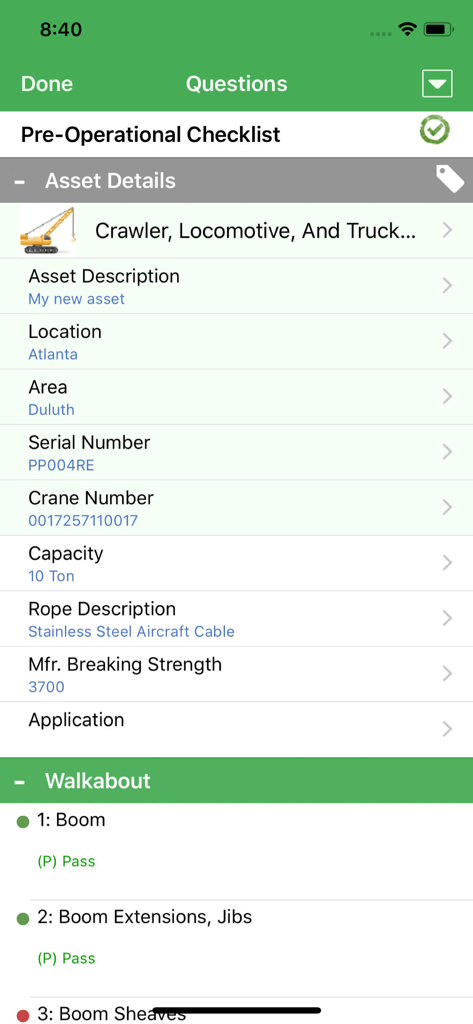 InspectAll - Mobile screen of the InspectAll app showing a pre-operational safety checklist for a crane with asset details and inspection status