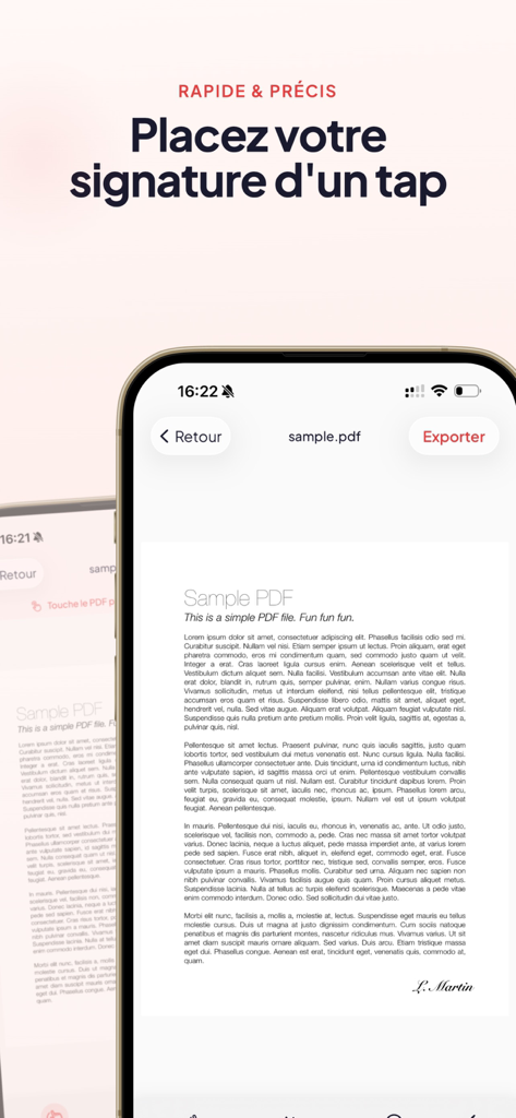 Um iPhone exibindo o aplicativo eSign com uma assinatura colocada em um documento PDF de amostra