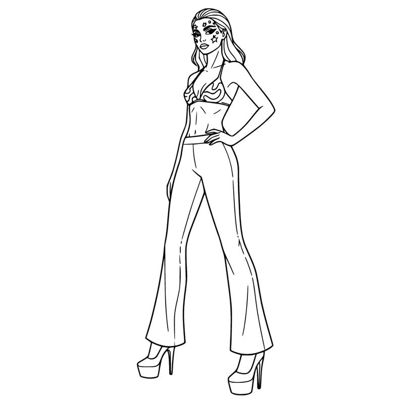 you are a supermodel, wearing flared trousers and a beautiful bikini top, with makeup, glitter, and stars on your face, and you are wearing very high heels.