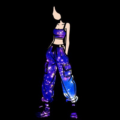 girl in baggy pants crop top and long hair