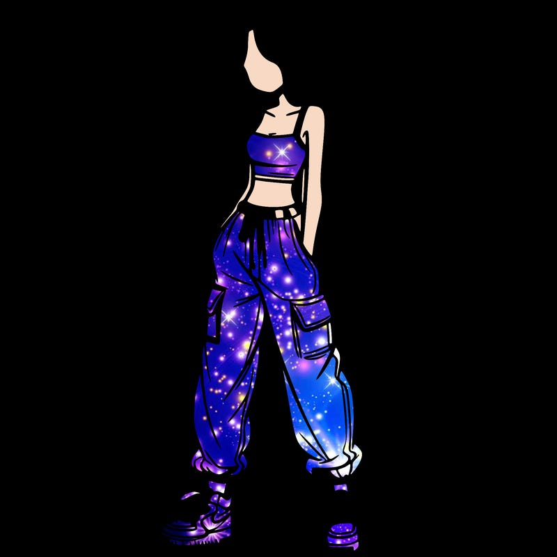 girl in baggy pants crop top and long hair