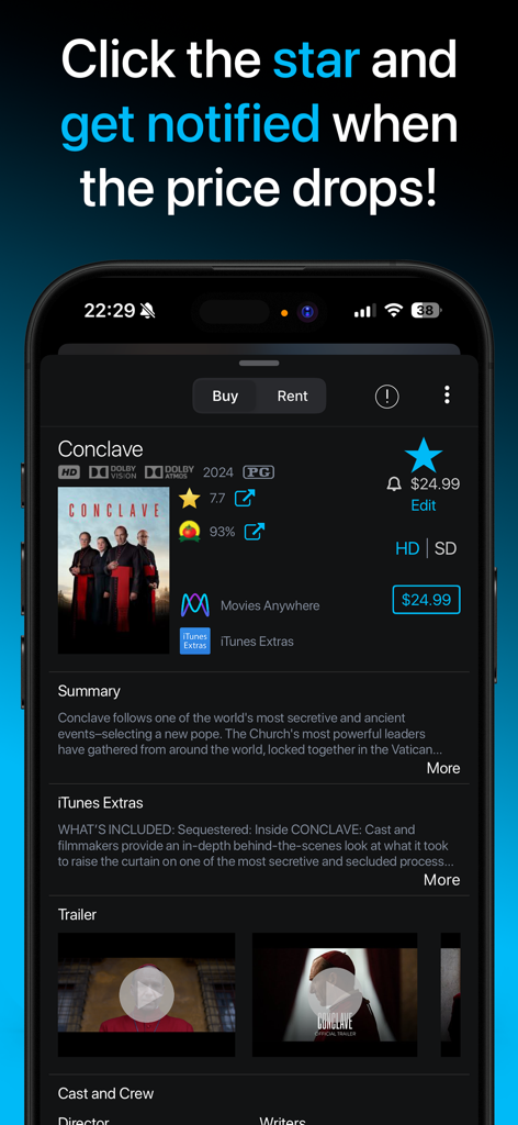 CheapCharts - Movie & TV Deals - Interfaz de la aplicación CheapCharts que muestra una página de película con un botón de estrella para alertas de caída de precios.