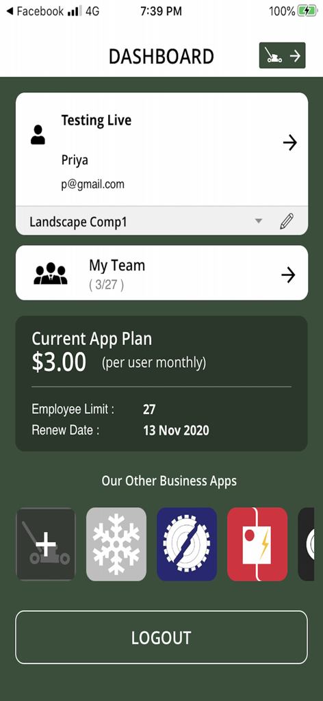 Dashboard of the Landscape Maintenance Pro App showing user profile team management and subscription details