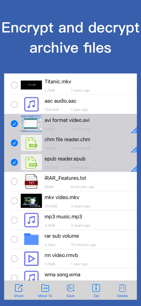 iRAR - zip,rar,7z file opener - Interfaccia dell'app iRAR che mostra un elenco di file con opzioni per crittografare e decrittografare file di archivio