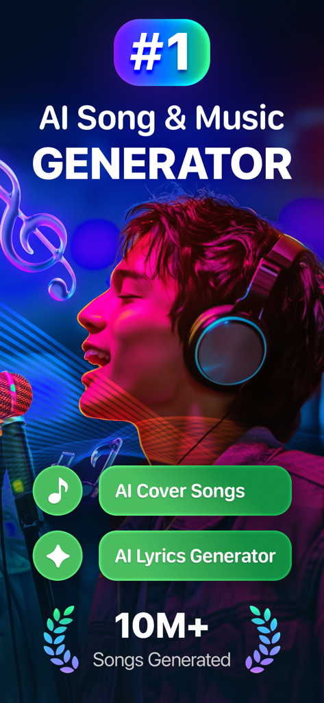 Beatz: AI Song・Cover Generator - A young man with headphones using the Beatz AI Song and Music Generator app