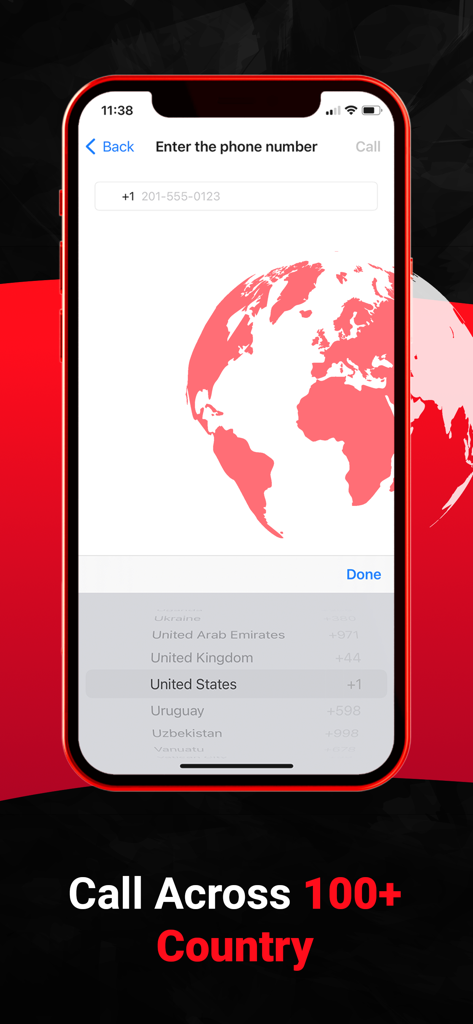 RecordACall - Call Recorder - RecordACall-App-Screenshot, der den Bildschirm für internationale Anrufe zur Anwahl von über 100 Ländern zeigt