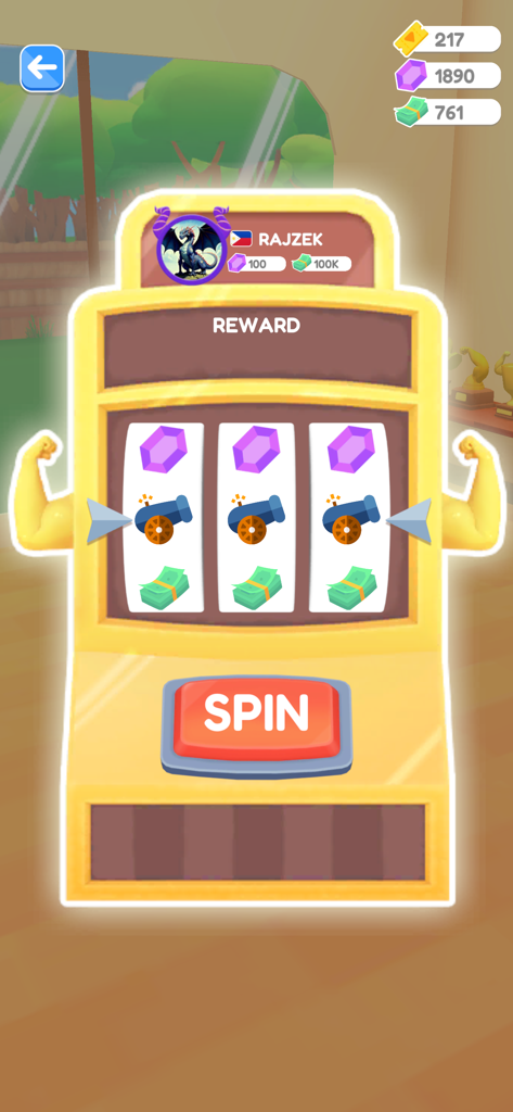 A reward slot machine interface with a large red spin button and muscular golden arms in the Idle Push Up game