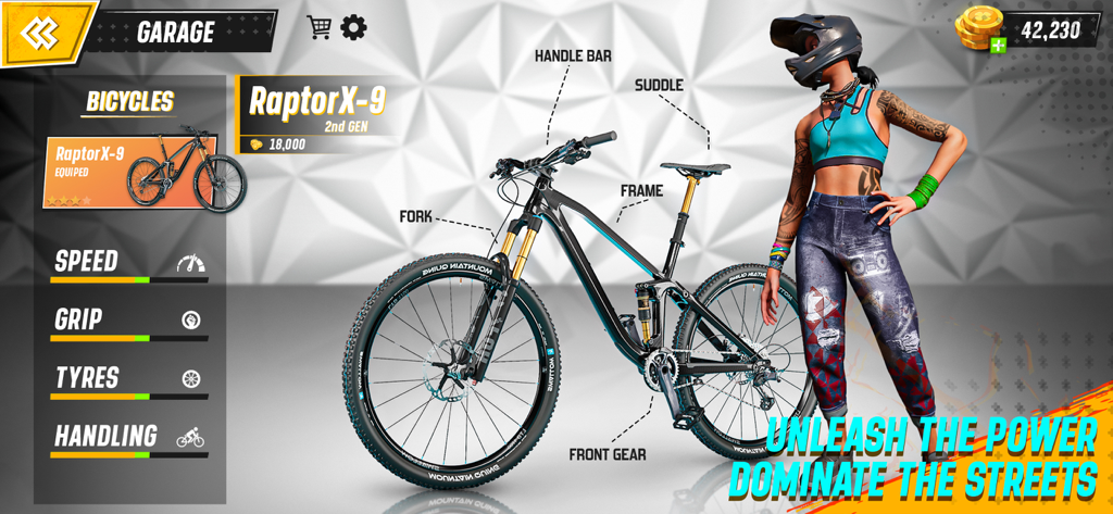 A garage interface in a BMX racing game showing a customizable Raptor X-9 bike and a racer character.