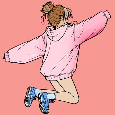 realistic girl jumping with a bun and oversized sweatshirt