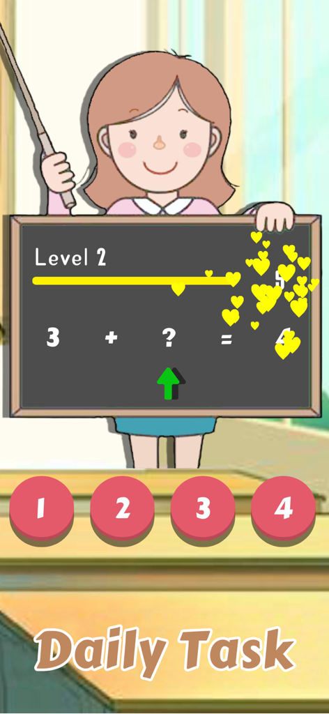 Math Solver app screenshot showing a teacher holding a blackboard with an addition problem.
