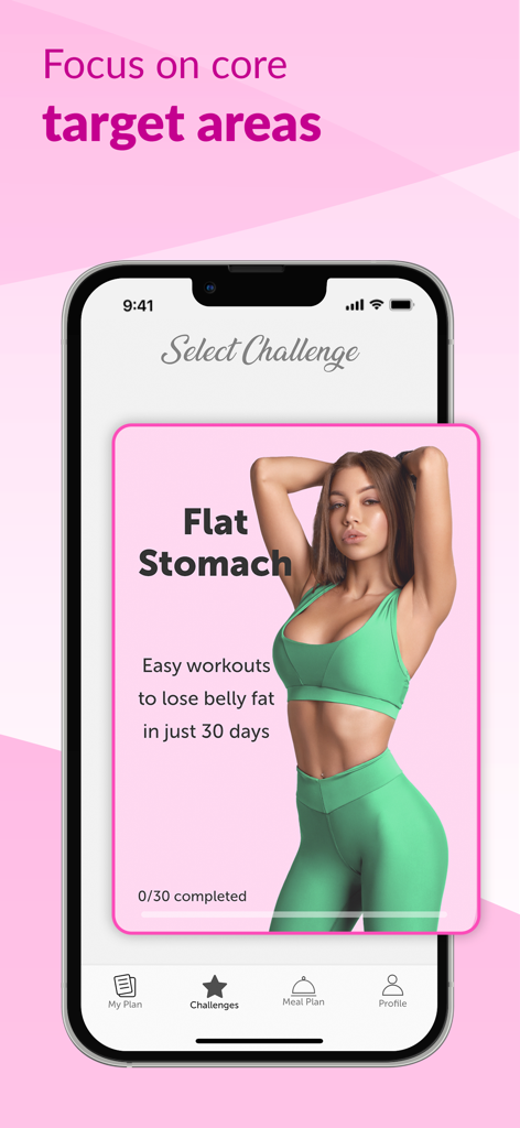 FitHer app screen showing a 30 day flat stomach workout challenge for women