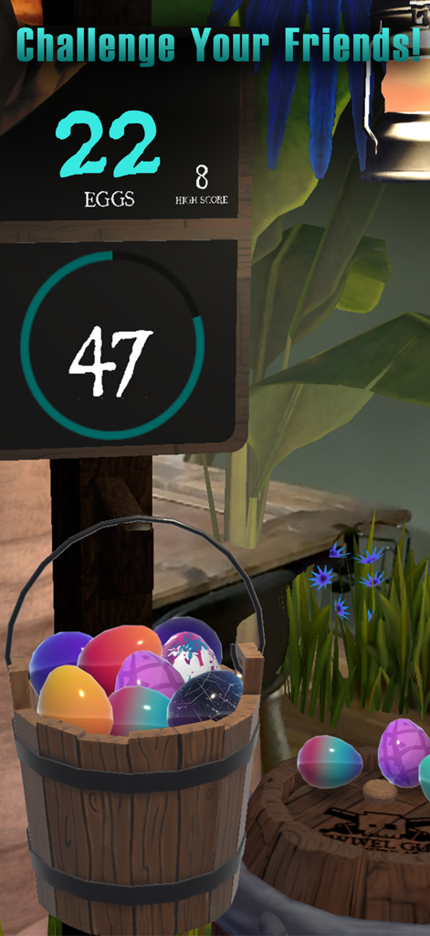 Egg Hunt XR gameplay screen showing a wooden bucket filled with colorful decorated eggs and a score of 22.