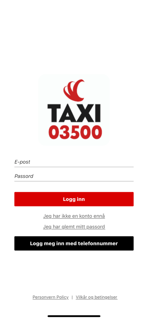 TaxiLokal - Login page of the TaxiLokal app featuring email and password input fields and a red login button